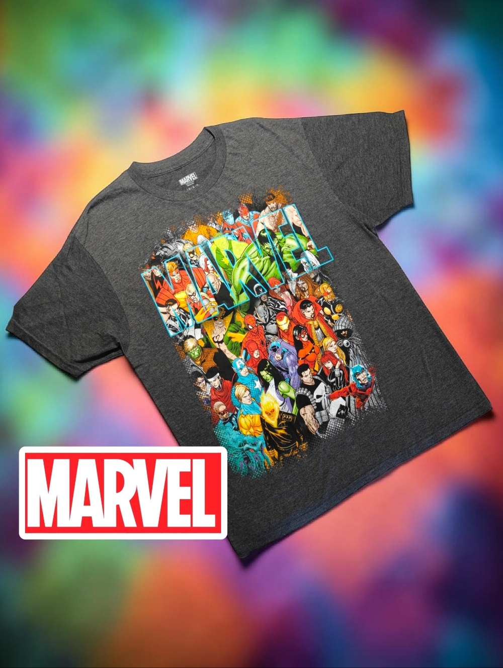 MARVEL Dark Heather Gray Tee with Colorful Marvel Heroes Collage Print